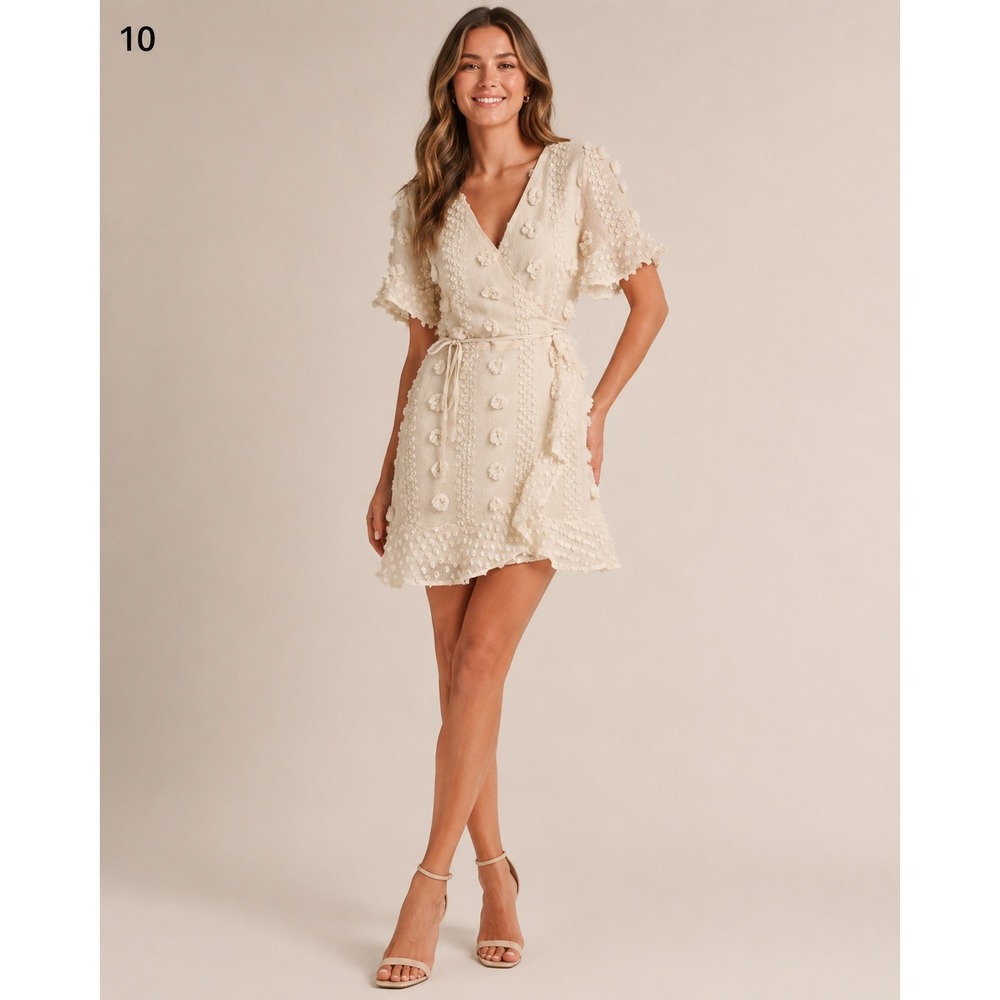 Bella Ella Dainty Wrap Mini Dress Women Small Cream Textured Floral Boho Cowgirl